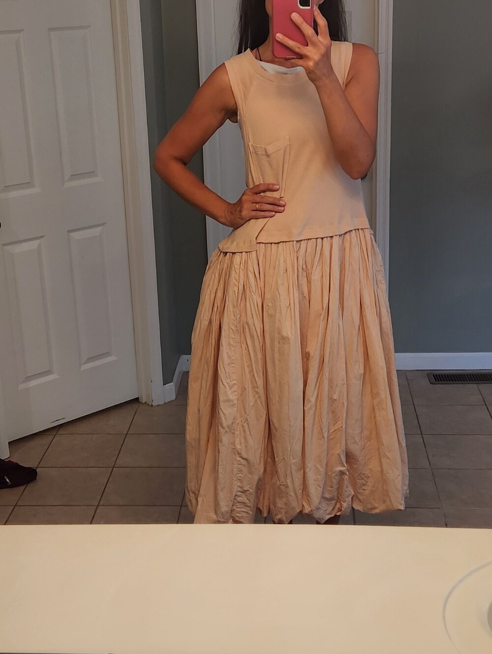 Free People Calla Lily Pink Cream Midi Bubble-Hem Dress Size M 100% Cotton - Picture 4 of 15